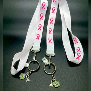 TWO Breast Cancer Awareness Grosgrain Ribbon Lanyard - WHITE